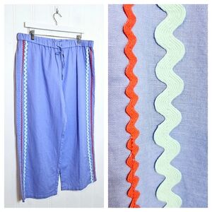 J.Crew Blue Linen Cotton Wide Leg Crop Pants Drawstring Ribbon Waist L NWT